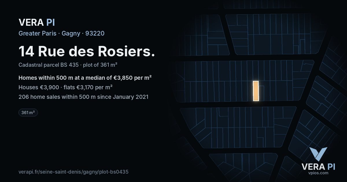 14 Rue des Rosiers, Gagny at night – the plot lit, the parcels around coloured by the prices near them