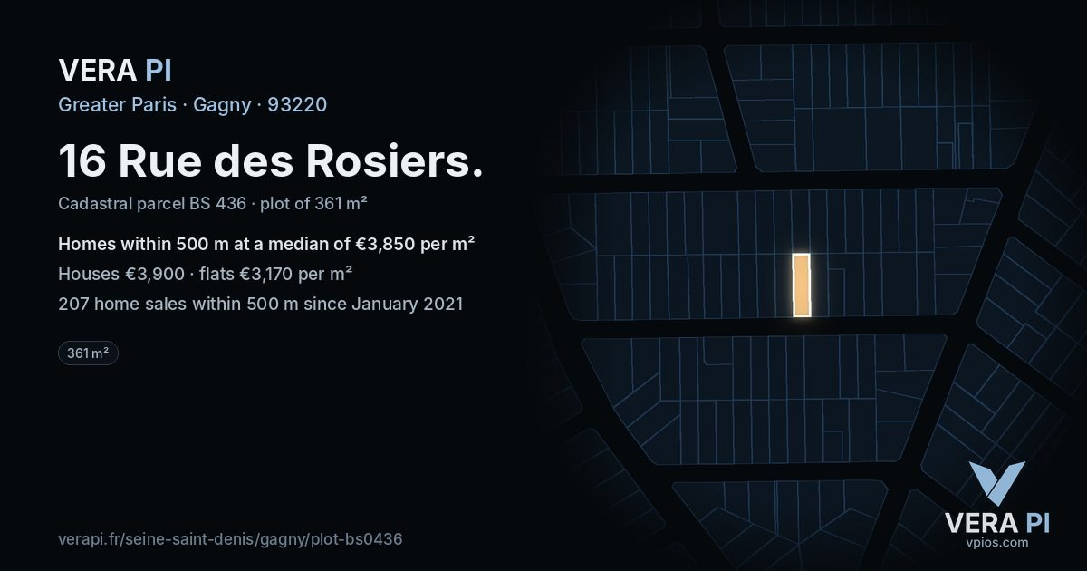 16 Rue des Rosiers, Gagny at night – the plot lit, the parcels around coloured by the prices near them