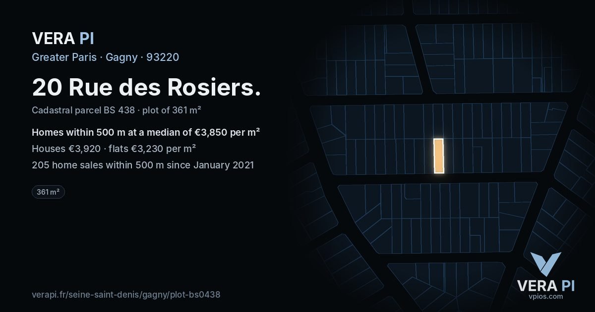 20 Rue des Rosiers, Gagny at night – the plot lit, the parcels around coloured by the prices near them