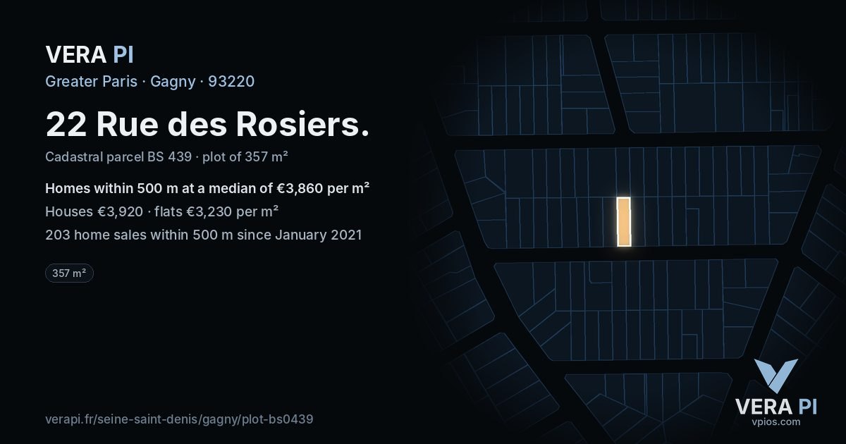 22 Rue des Rosiers, Gagny at night – the plot lit, the parcels around coloured by the prices near them