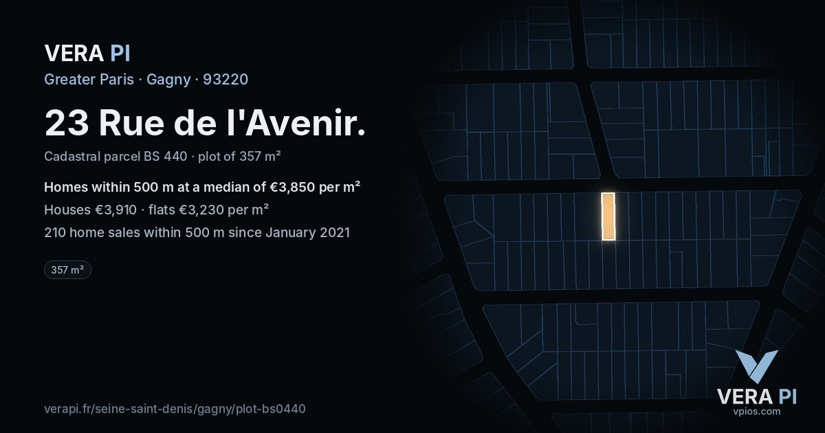 23 Rue de l'Avenir, Gagny at night – the plot lit, the parcels around coloured by the prices near them