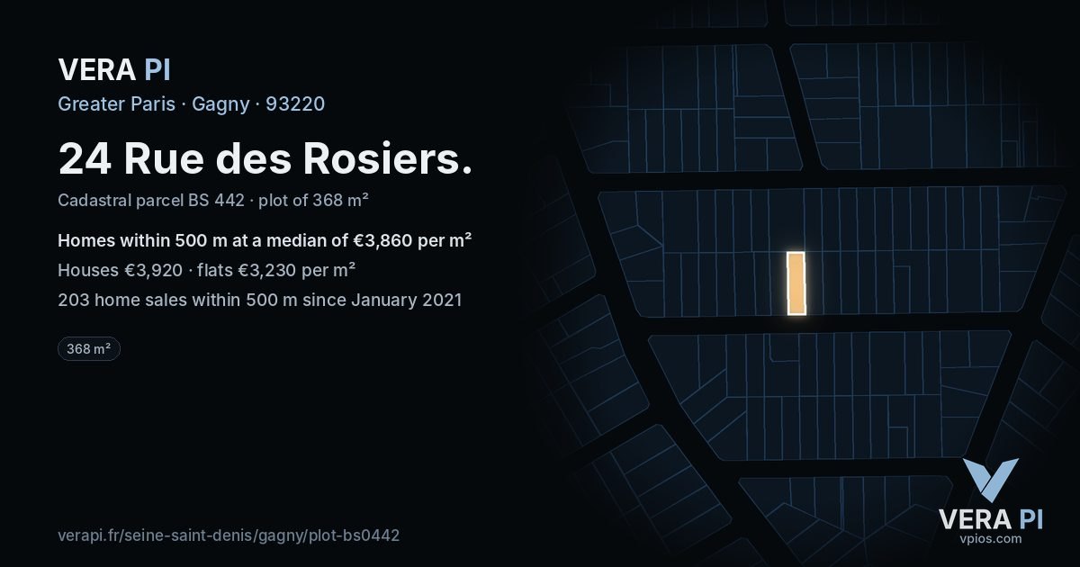 24 Rue des Rosiers, Gagny at night – the plot lit, the parcels around coloured by the prices near them
