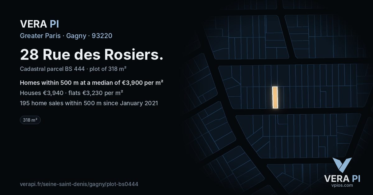 28 Rue des Rosiers, Gagny at night – the plot lit, the parcels around coloured by the prices near them