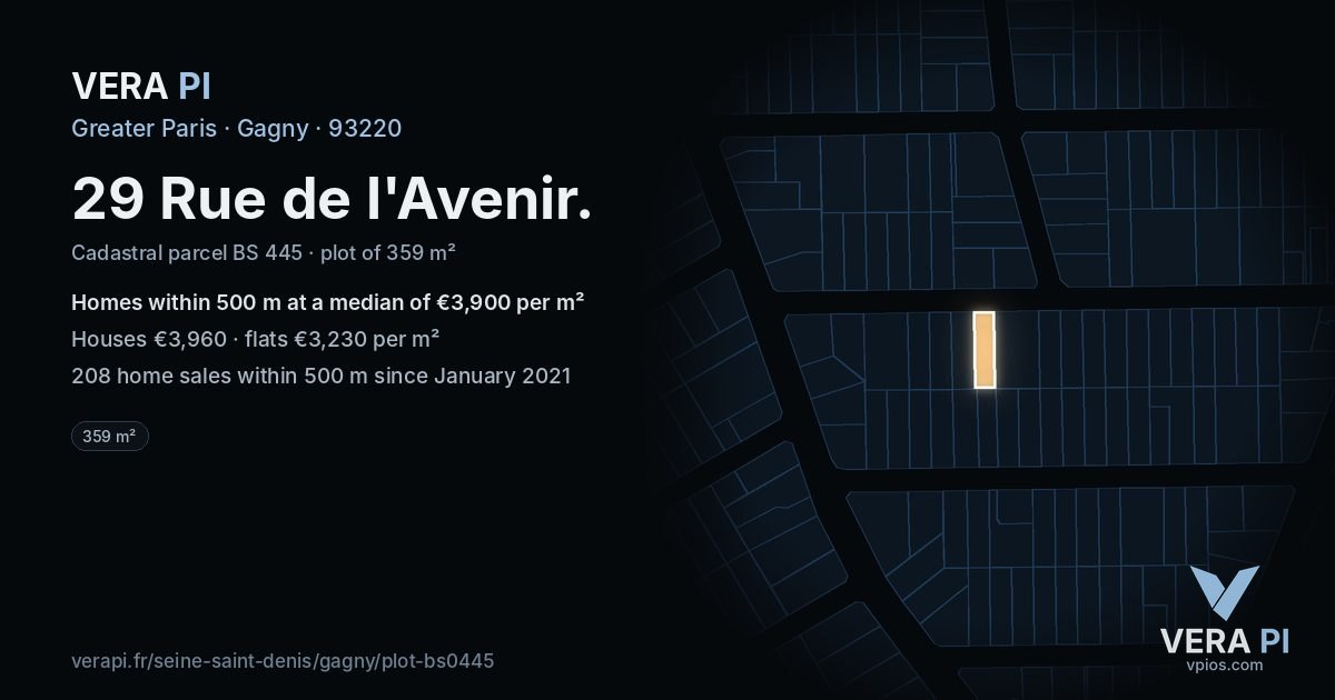 29 Rue de l'Avenir, Gagny at night – the plot lit, the parcels around coloured by the prices near them