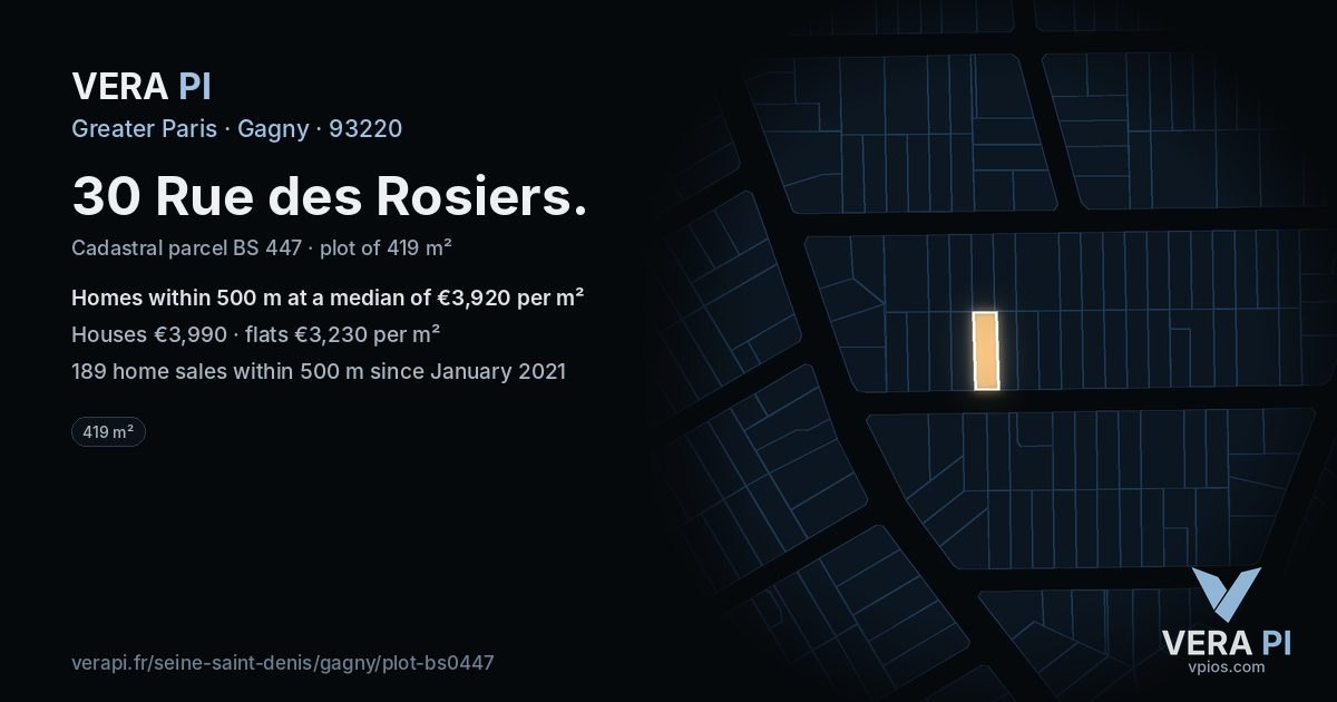 30 Rue des Rosiers, Gagny at night – the plot lit, the parcels around coloured by the prices near them