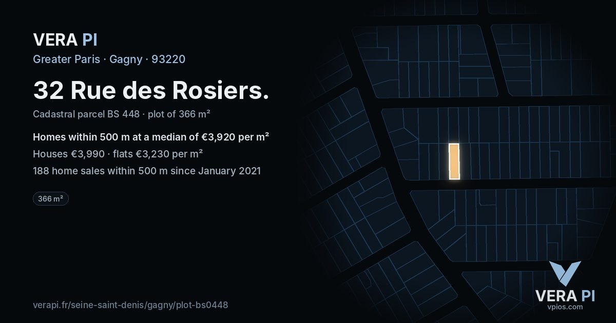 32 Rue des Rosiers, Gagny at night – the plot lit, the parcels around coloured by the prices near them