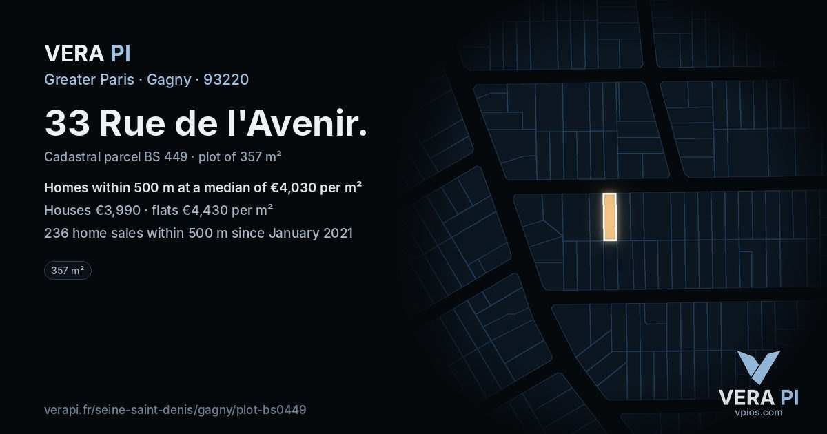 33 Rue de l'Avenir, Gagny at night – the plot lit, the parcels around coloured by the prices near them