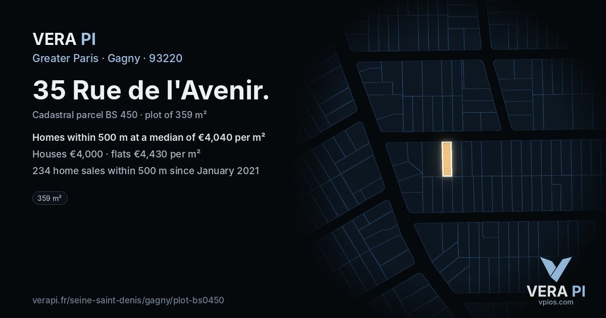 35 Rue de l'Avenir, Gagny at night – the plot lit, the parcels around coloured by the prices near them