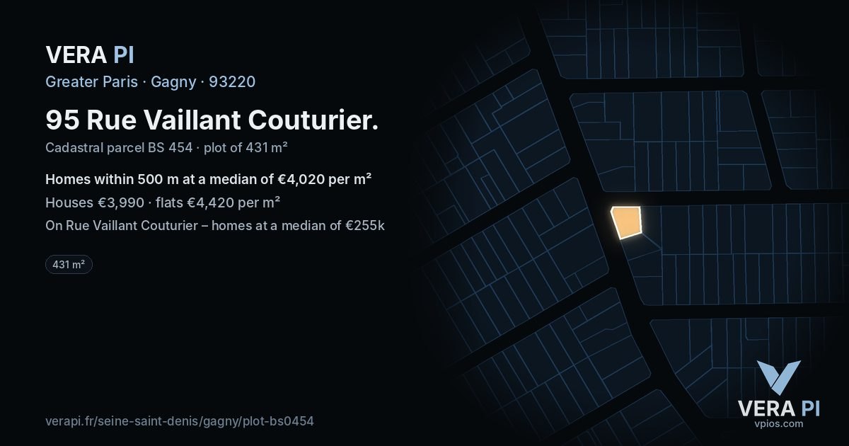 95 Rue Vaillant Couturier, Gagny at night – the plot lit, the parcels around coloured by the prices near them