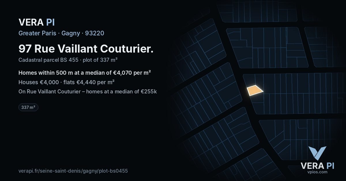 97 Rue Vaillant Couturier, Gagny at night – the plot lit, the parcels around coloured by the prices near them