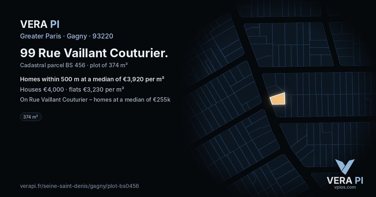 99 Rue Vaillant Couturier, Gagny at night – the plot lit, the parcels around coloured by the prices near them