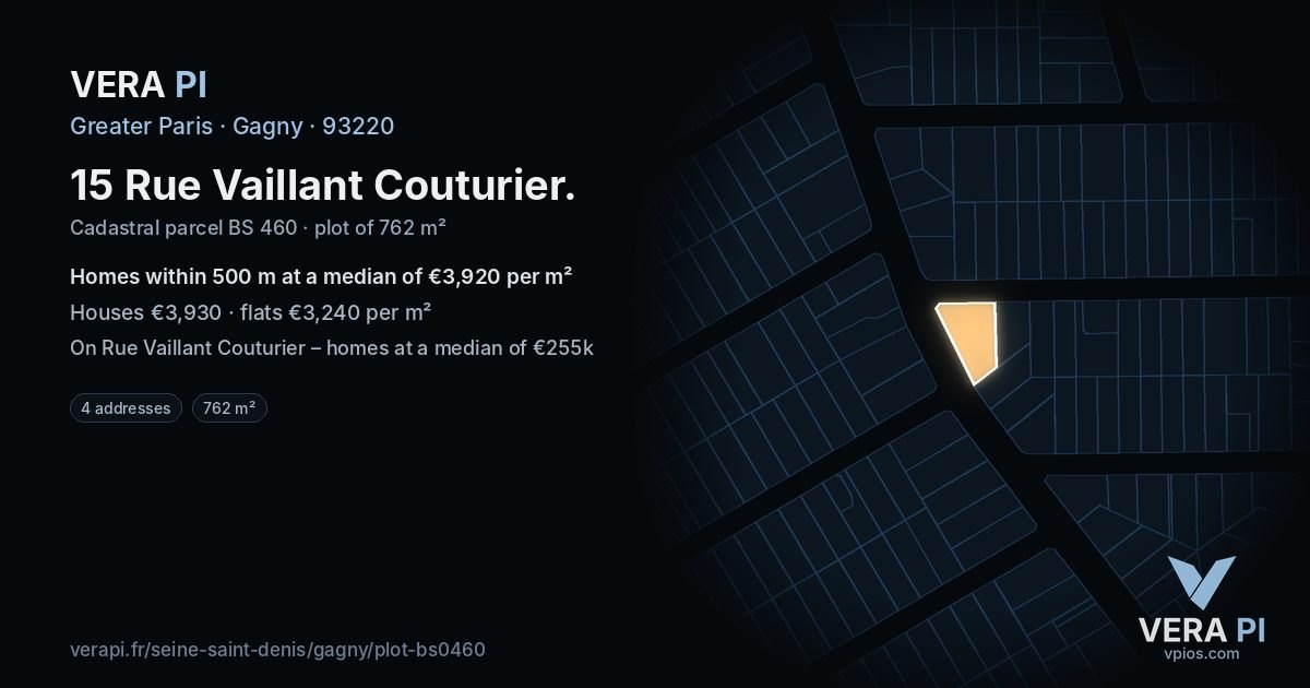 15 Rue Vaillant Couturier, Gagny at night – the plot lit, the parcels around coloured by the prices near them