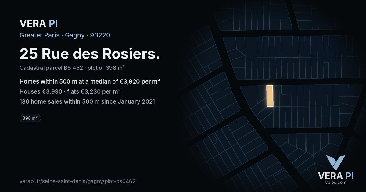 25 Rue des Rosiers, Gagny at night – the plot lit, the parcels around coloured by the prices near them