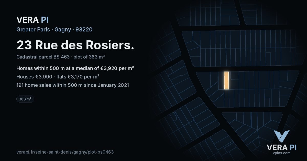 23 Rue des Rosiers, Gagny at night – the plot lit, the parcels around coloured by the prices near them