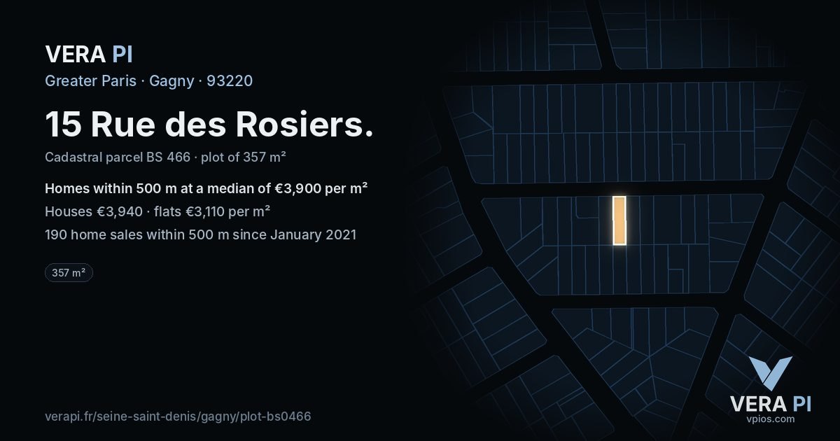 15 Rue des Rosiers, Gagny at night – the plot lit, the parcels around coloured by the prices near them