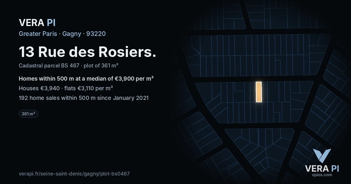 13 Rue des Rosiers, Gagny at night – the plot lit, the parcels around coloured by the prices near them