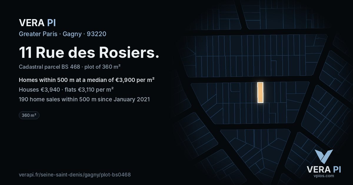 11 Rue des Rosiers, Gagny at night – the plot lit, the parcels around coloured by the prices near them