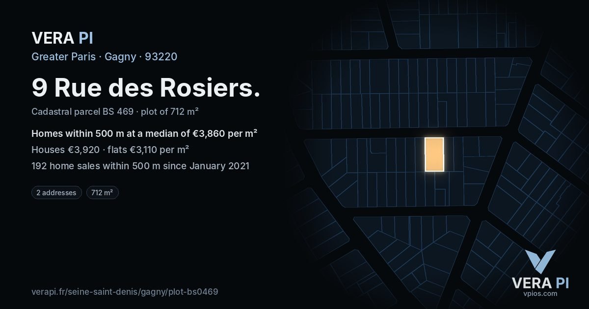 9 Rue des Rosiers, Gagny at night – the plot lit, the parcels around coloured by the prices near them