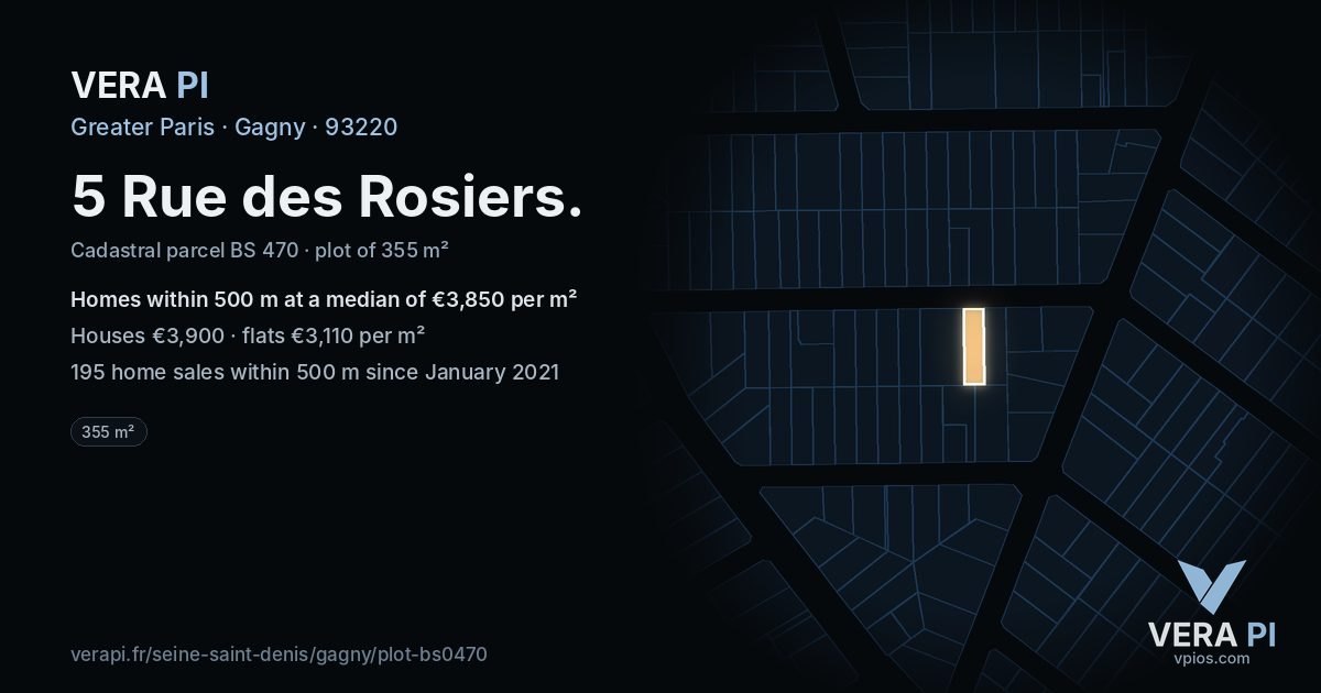 5 Rue des Rosiers, Gagny at night – the plot lit, the parcels around coloured by the prices near them