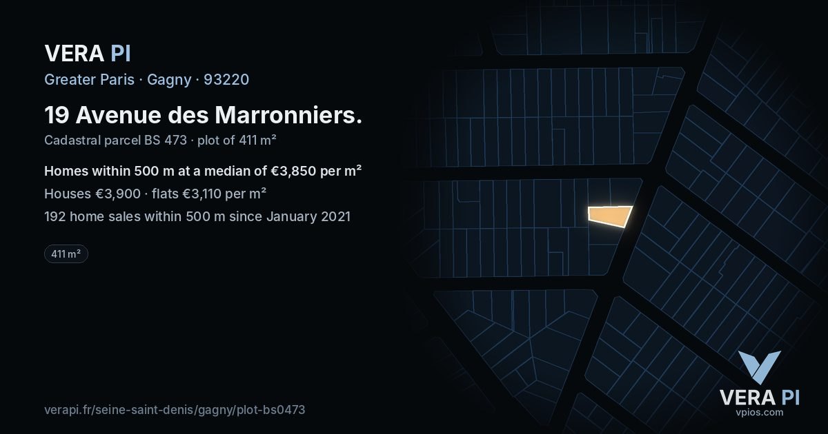 19 Avenue des Marronniers, Gagny at night – the plot lit, the parcels around coloured by the prices near them