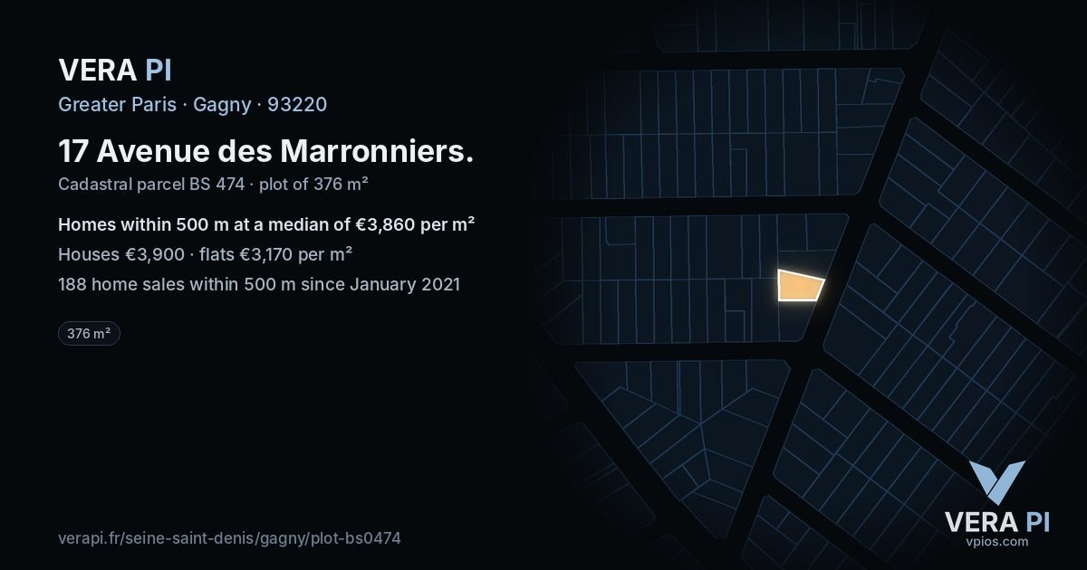17 Avenue des Marronniers, Gagny at night – the plot lit, the parcels around coloured by the prices near them
