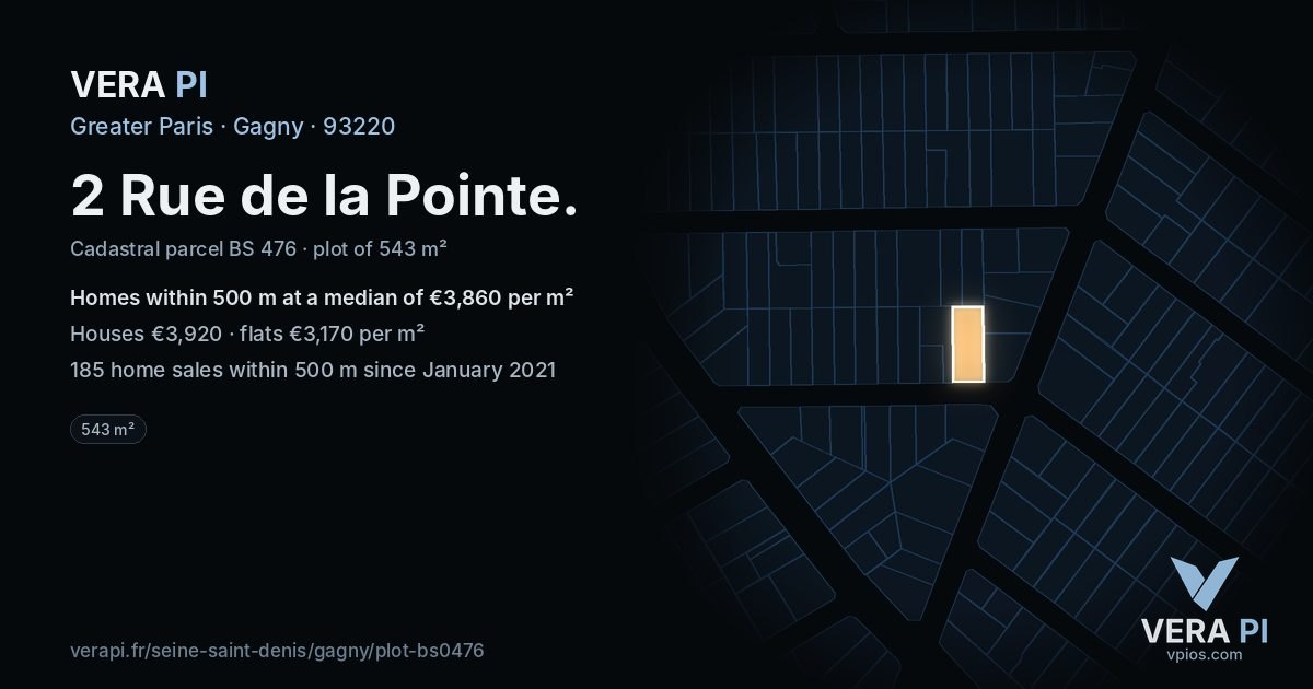 2 Rue de la Pointe, Gagny at night – the plot lit, the parcels around coloured by the prices near them