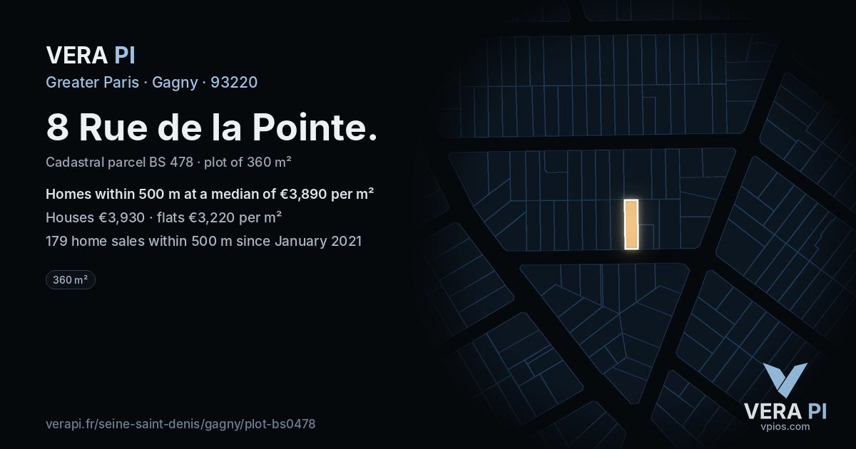 8 Rue de la Pointe, Gagny at night – the plot lit, the parcels around coloured by the prices near them