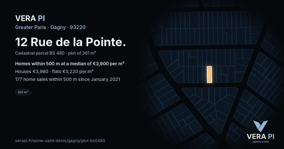 12 Rue de la Pointe, Gagny at night – the plot lit, the parcels around coloured by the prices near them