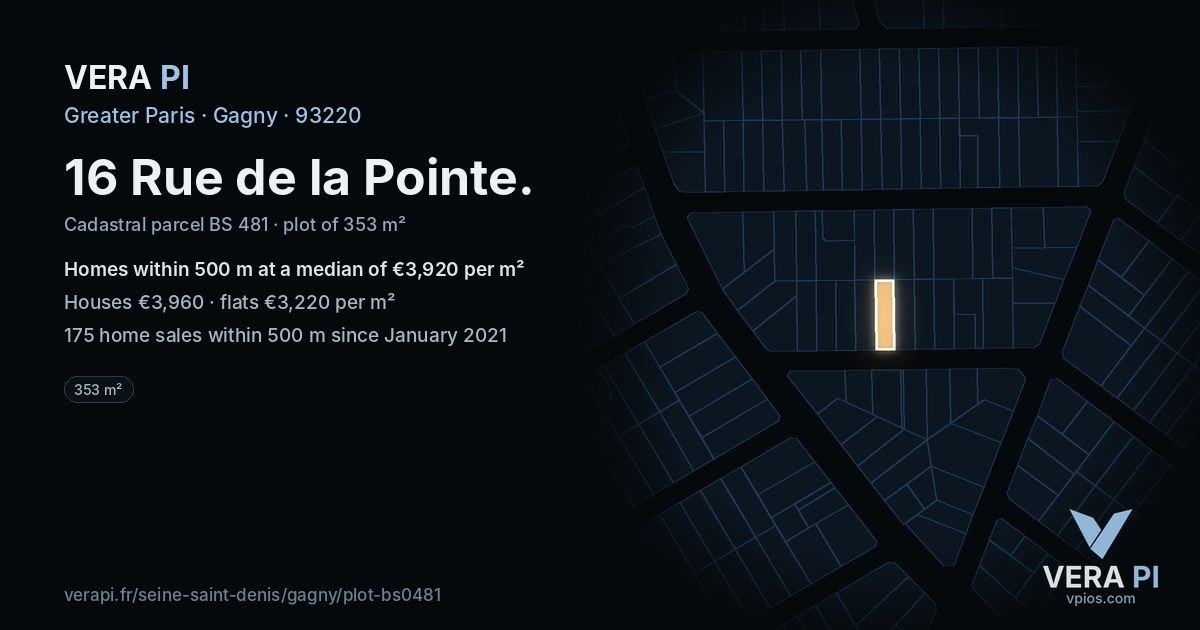 16 Rue de la Pointe, Gagny at night – the plot lit, the parcels around coloured by the prices near them