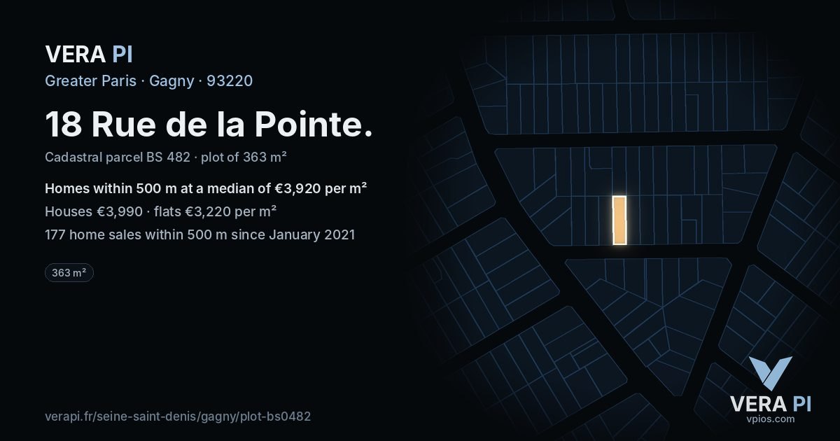 18 Rue de la Pointe, Gagny at night – the plot lit, the parcels around coloured by the prices near them