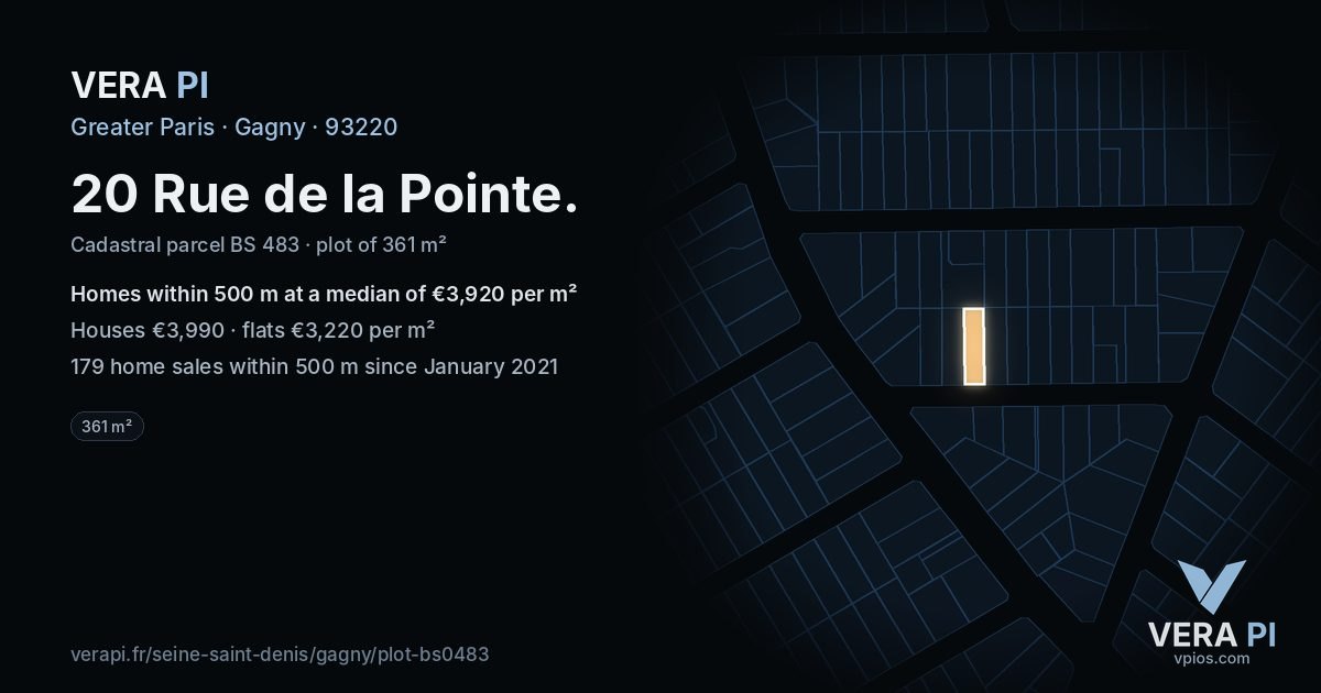 20 Rue de la Pointe, Gagny at night – the plot lit, the parcels around coloured by the prices near them