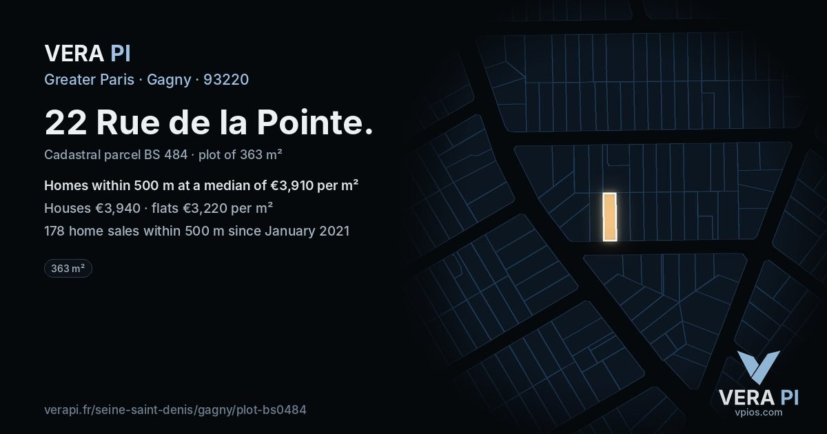 22 Rue de la Pointe, Gagny at night – the plot lit, the parcels around coloured by the prices near them