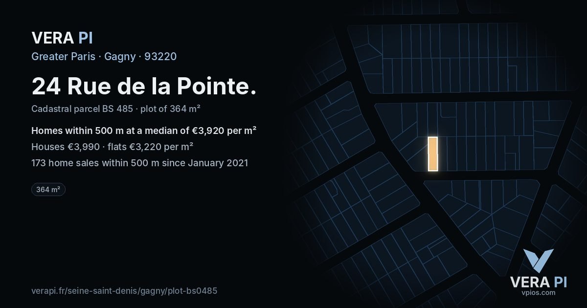 24 Rue de la Pointe, Gagny at night – the plot lit, the parcels around coloured by the prices near them