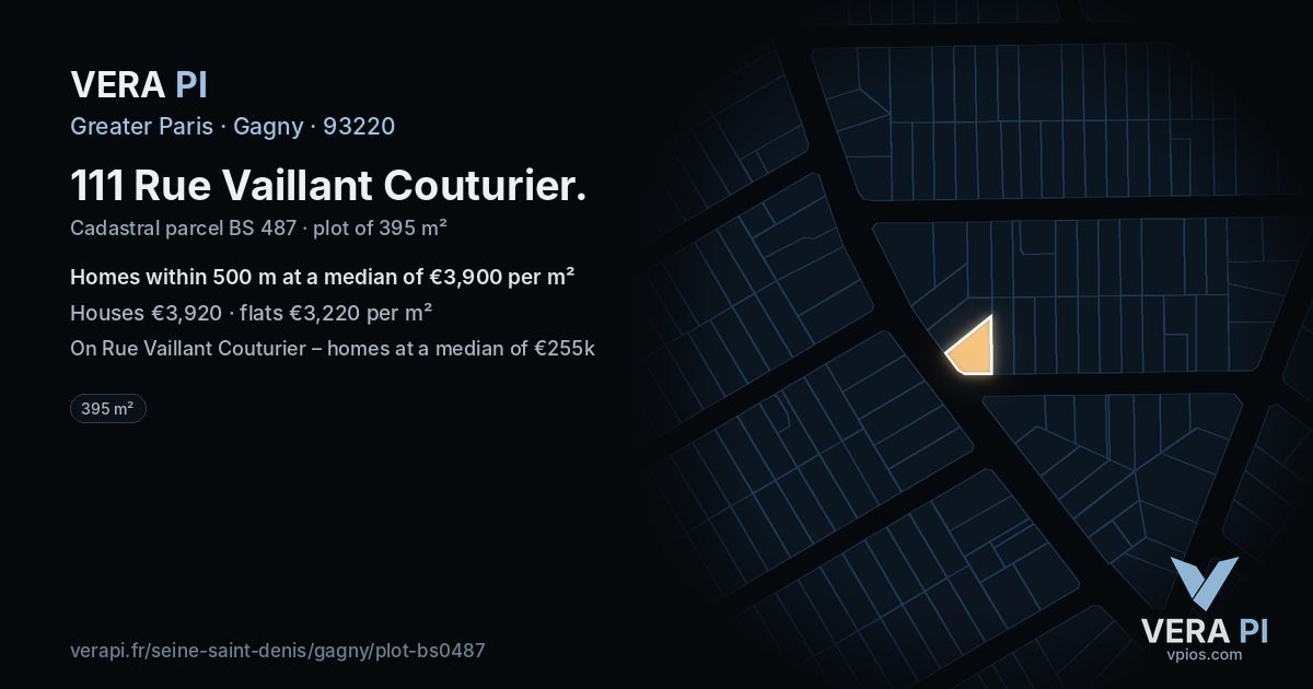 111 Rue Vaillant Couturier, Gagny at night – the plot lit, the parcels around coloured by the prices near them