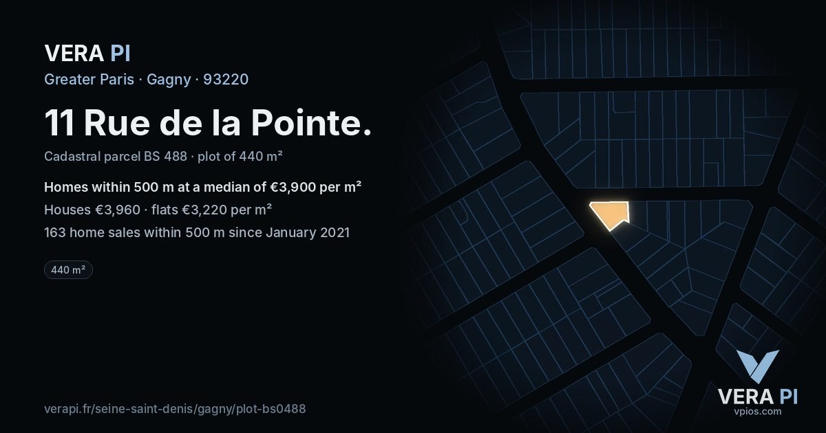 11 Rue de la Pointe, Gagny at night – the plot lit, the parcels around coloured by the prices near them