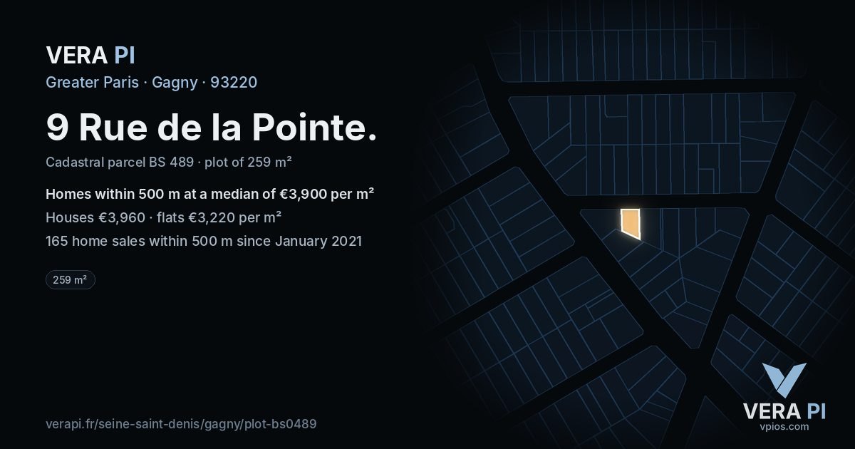 9 Rue de la Pointe, Gagny at night – the plot lit, the parcels around coloured by the prices near them