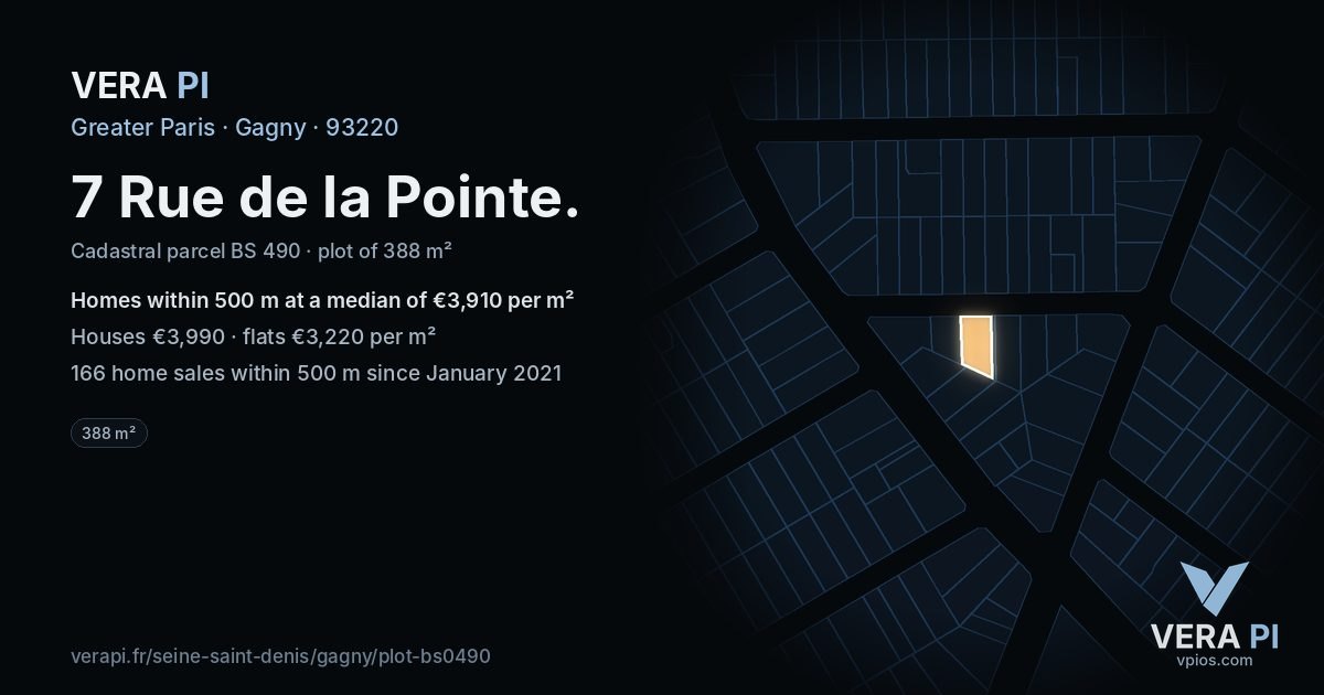 7 Rue de la Pointe, Gagny at night – the plot lit, the parcels around coloured by the prices near them