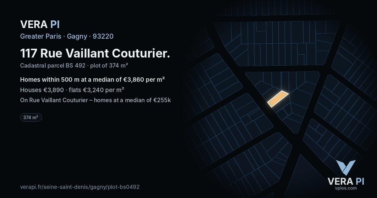 117 Rue Vaillant Couturier, Gagny at night – the plot lit, the parcels around coloured by the prices near them