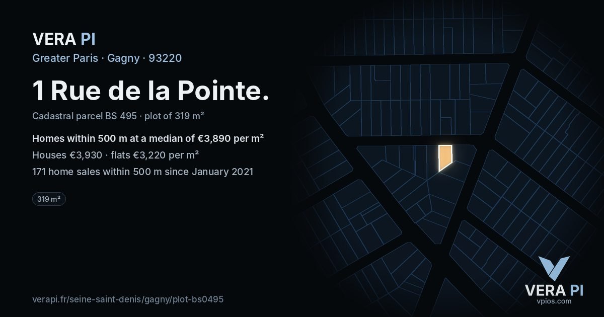 1 Rue de la Pointe, Gagny at night – the plot lit, the parcels around coloured by the prices near them