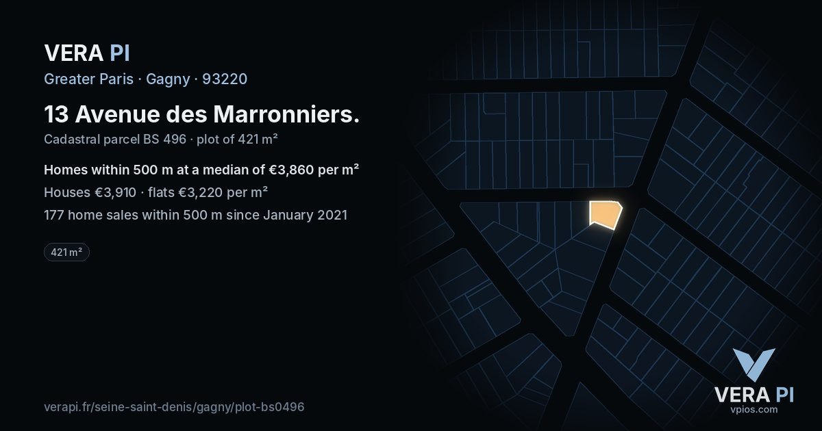 13 Avenue des Marronniers, Gagny at night – the plot lit, the parcels around coloured by the prices near them
