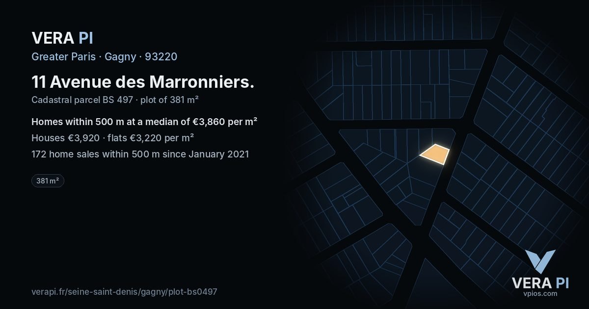 11 Avenue des Marronniers, Gagny at night – the plot lit, the parcels around coloured by the prices near them