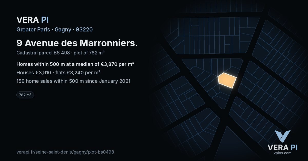 9 Avenue des Marronniers, Gagny at night – the plot lit, the parcels around coloured by the prices near them