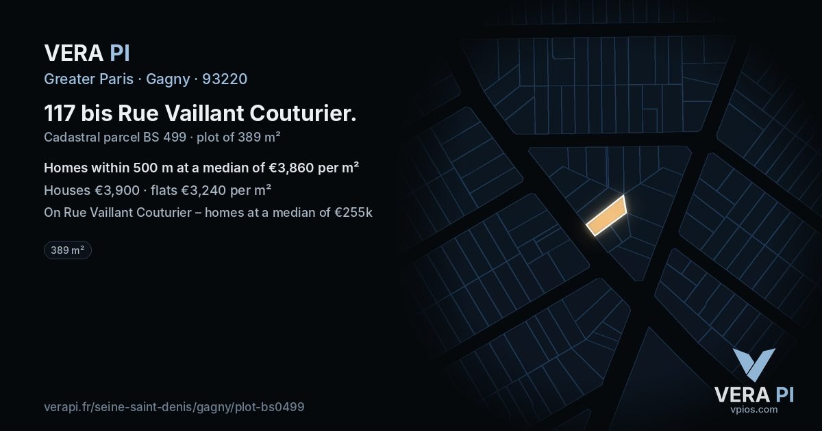 117 bis Rue Vaillant Couturier, Gagny at night – the plot lit, the parcels around coloured by the prices near them