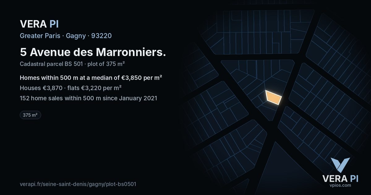 5 Avenue des Marronniers, Gagny at night – the plot lit, the parcels around coloured by the prices near them