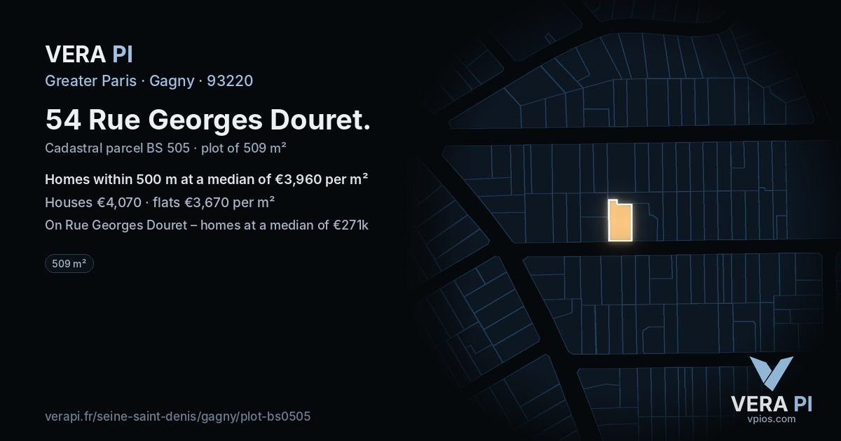 54 Rue Georges Douret, Gagny at night – the plot lit, the parcels around coloured by the prices near them