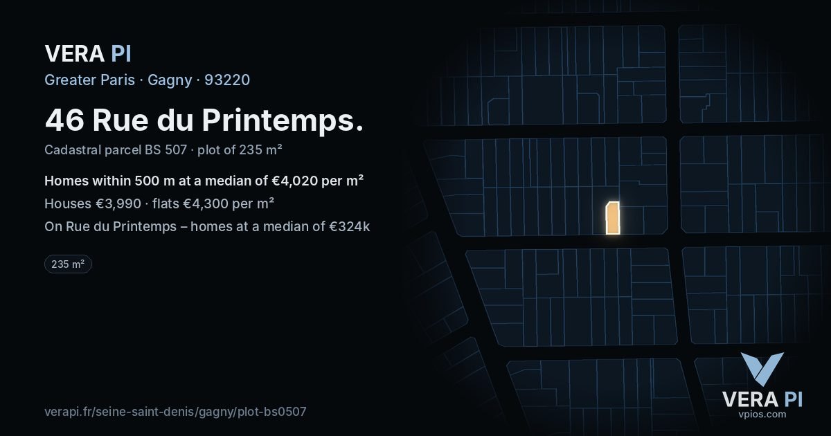 46 Rue du Printemps, Gagny at night – the plot lit, the parcels around coloured by the prices near them