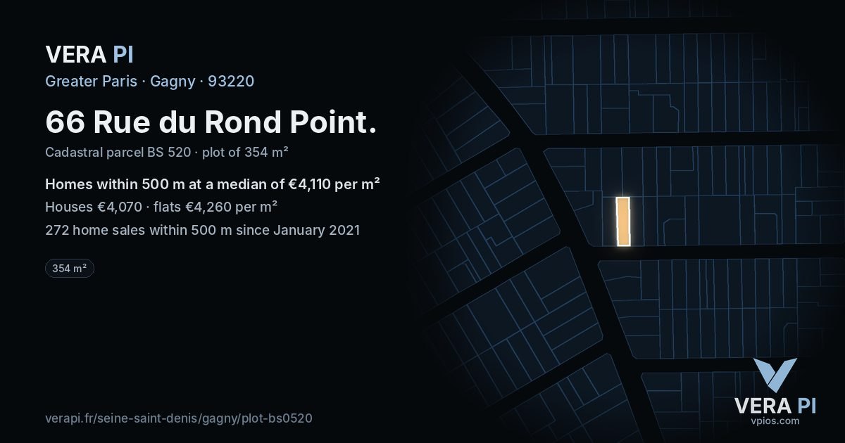 66 Rue du Rond Point, Gagny at night – the plot lit, the parcels around coloured by the prices near them