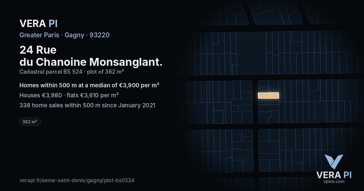24 Rue du Chanoine Monsanglant, Gagny at night – the plot lit, the parcels around coloured by the prices near them