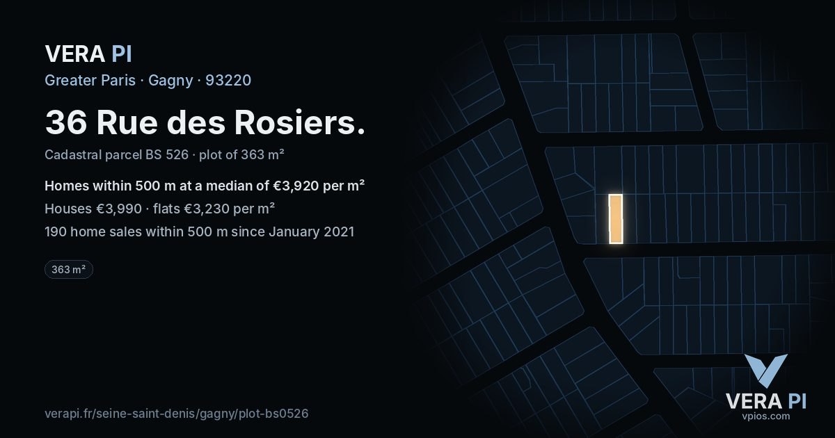 36 Rue des Rosiers, Gagny at night – the plot lit, the parcels around coloured by the prices near them