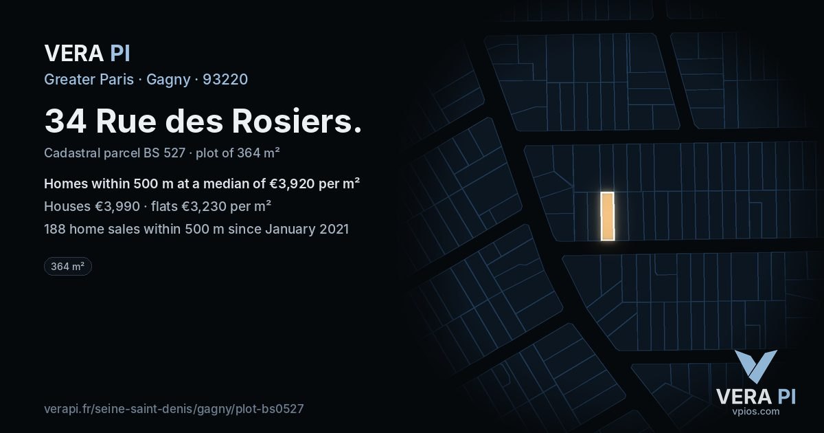 34 Rue des Rosiers, Gagny at night – the plot lit, the parcels around coloured by the prices near them